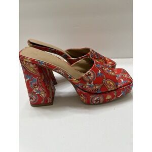 Primemark Reddish Orange Paisley Pattern Platform Mules Heels Women's 6 Open Toe